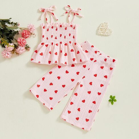 Kayotuas طفل فتاة عيد الحب الزي Smocked XOXO تانك توب فستان وسراويل الكتان ملابس القلب لطيف عيد الحب ملابس الطفل in Saudi Arabia