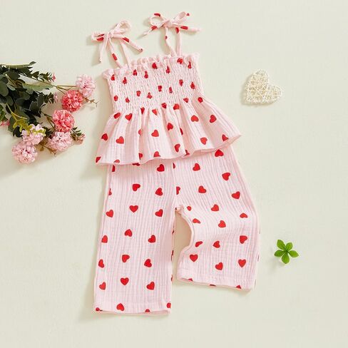Kayotuas طفل فتاة عيد الحب الزي Smocked XOXO تانك توب فستان وسراويل الكتان ملابس القلب لطيف عيد الحب ملابس الطفل in Saudi Arabia
