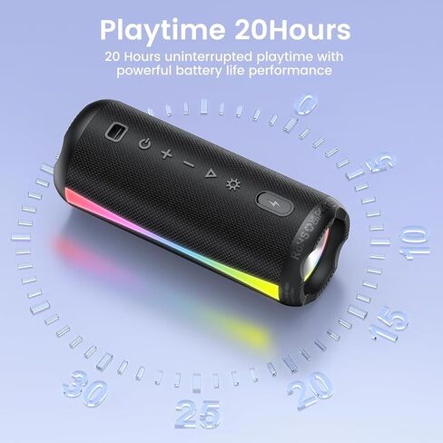 مكبر صوت بلوتوث محمول، مكبر صوت بلوتوث 2026 لاسلكي 5.4 مع أضواء RGB، وقت تشغيل 20 ساعة مع باس عميق، IP7 مقاوم للماء، اقتران TWS، مكبر صوت محمول للسفر/الحفلة/المنزل/الهدايا، أسود in Kuwait