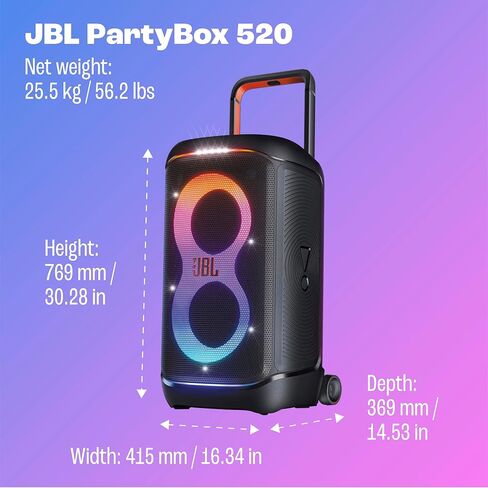 JBL PartyBox 520 - Portable Battery-Powered Party Speaker with AI Sound Boost, Up to 15 Hours of Play time, IPX4 Splash Proof, Multi-Speaker Connection by Auracast (Black) (Renewed) in Saudi Arabia