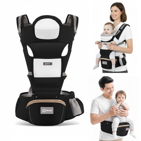 Baby Hip Carrier with Detachable Hip Seat and Head Support, 6 in 1 Toddler Carrier M-Shape Ergonomic Baby Carrier Newborn to Toddler, Adjustable Shoulder Straps, Bottle Holder & Storage Pocket - Grey in Saudi Arabia