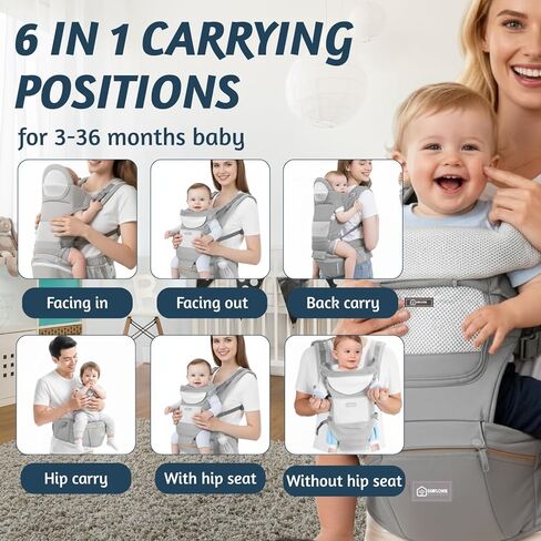 Baby Hip Carrier with Detachable Hip Seat and Head Support, 6 in 1 Toddler Carrier M-Shape Ergonomic Baby Carrier Newborn to Toddler, Adjustable Shoulder Straps, Bottle Holder & Storage Pocket - Grey in Saudi Arabia