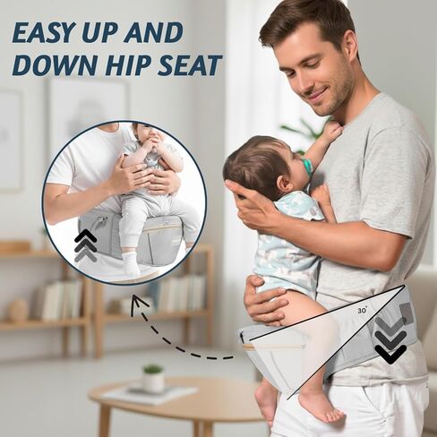 Baby Hip Carrier with Detachable Hip Seat and Head Support, 6 in 1 Toddler Carrier M-Shape Ergonomic Baby Carrier Newborn to Toddler, Adjustable Shoulder Straps, Bottle Holder & Storage Pocket - Grey in Saudi Arabia