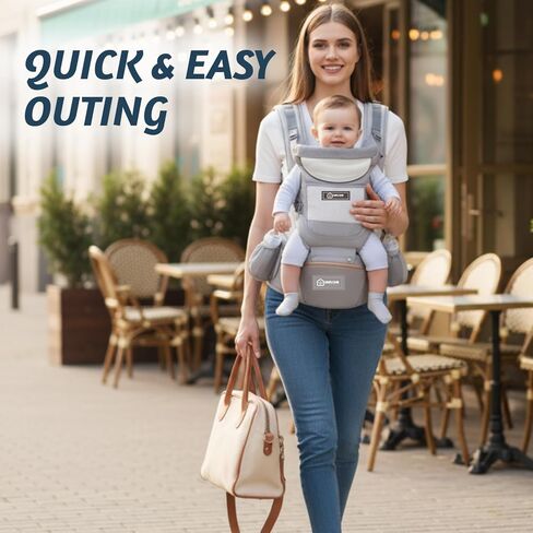 Baby Hip Carrier with Detachable Hip Seat and Head Support, 6 in 1 Toddler Carrier M-Shape Ergonomic Baby Carrier Newborn to Toddler, Adjustable Shoulder Straps, Bottle Holder & Storage Pocket - Grey in Saudi Arabia