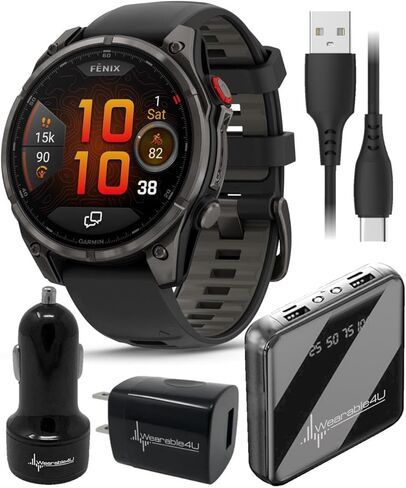 ساعة Garmin Fenix ​​8 Pro مقاس 51 ملم AMOLED Sapphire Premium Multisport GPS الذكية، تقنية inReach، سوار من السيليكون باللون الرمادي الكربوني DLC تيتانيوم/أسود مع حزمة محولات جدار السيارة PowerBank من Wearable4U in Saudi Arabia