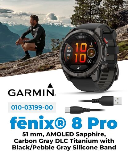 ساعة Garmin Fenix ​​8 Pro مقاس 51 ملم AMOLED Sapphire Premium Multisport GPS الذكية، تقنية inReach، سوار من السيليكون باللون الرمادي الكربوني DLC تيتانيوم/أسود مع حزمة محولات جدار السيارة PowerBank من Wearable4U in Saudi Arabia