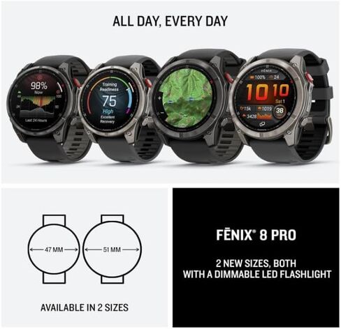ساعة Garmin Fenix ​​8 Pro مقاس 51 ملم AMOLED Sapphire Premium Multisport GPS الذكية، تقنية inReach، سوار من السيليكون باللون الرمادي الكربوني DLC تيتانيوم/أسود مع حزمة محولات جدار السيارة PowerBank من Wearable4U in Saudi Arabia