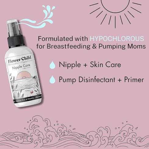 Flower Child Pumping Spray 4oz, Hydrating Nipple Care, Pump Cleaner & Pump Lubricant for Breastfeeding Moms, Lanolin Free, Non-Toxic, Hypochlorous, Made in USA in Saudi Arabia