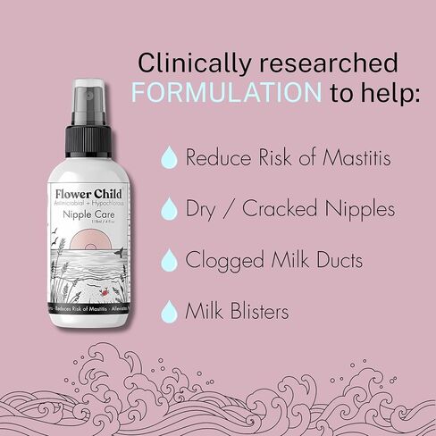 Flower Child Pumping Spray 4oz, Hydrating Nipple Care, Pump Cleaner & Pump Lubricant for Breastfeeding Moms, Lanolin Free, Non-Toxic, Hypochlorous, Made in USA in Saudi Arabia
