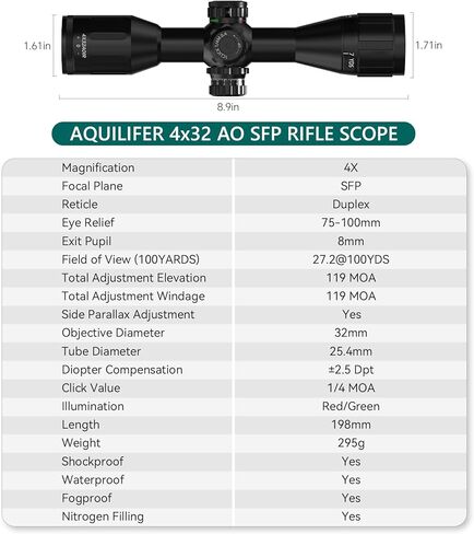 Aquilifer HT 4x32 AO Compact Rifle Scope for .22LR, Red/Green Illuminated Reticle, 1-Inch Tube, Waterproof Fogproof Shockproof Hunting, Parallax-Free from 7 yds-Infinity in Saudi Arabia