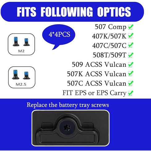 طقم براغي لعلبة بطارية Holosun المتوافقة مع Holosun 407k/507k/407c/508c/508t/509t/ACSS Vulcan/نماذج Comp/EPS/EPS Carry، بما في ذلك أدوات التثبيت، فولاذ كربوني درجة 10.9 مع قفل خيط in Kuwait