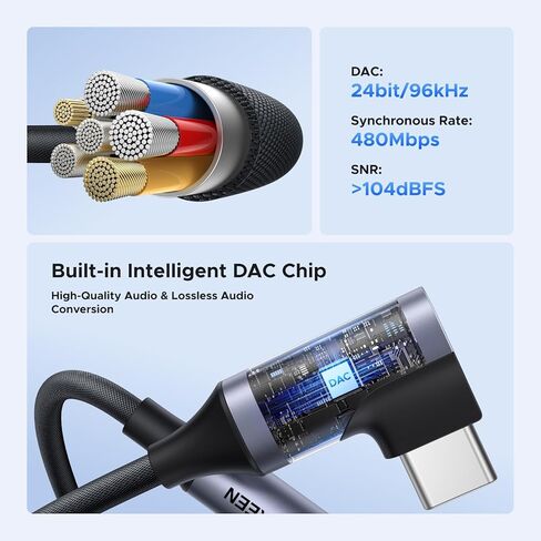 UGREEN USB C إلى 3.5 ملم محول صوت من النوع C إلى Aux سماعة رأس جاك دونغل 24 بت/96 كيلو هرتز HiFi DAC كابل الزاوية اليمنى متوافق مع iPhone 17 16 Pro Max/16 Plus، iPad، Galaxy S25 S24 Ultra، Pixel 10 in Saudi Arabia