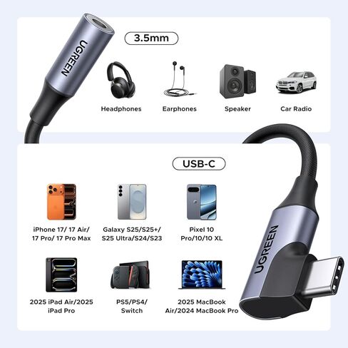 UGREEN USB C إلى 3.5 ملم محول صوت من النوع C إلى Aux سماعة رأس جاك دونغل 24 بت/96 كيلو هرتز HiFi DAC كابل الزاوية اليمنى متوافق مع iPhone 17 16 Pro Max/16 Plus، iPad، Galaxy S25 S24 Ultra، Pixel 10 in Saudi Arabia
