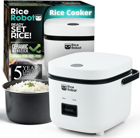 Rice Robot XL Personal Rice Cooker, PFAS-free, Nonstick. 2 Quarts Capacity, with Stainless Steel Steamer Tray, Measuring Cups, Recipe Book with 120 Recipes, and Serving Spoon, As Seen On TV in Saudi Arabia