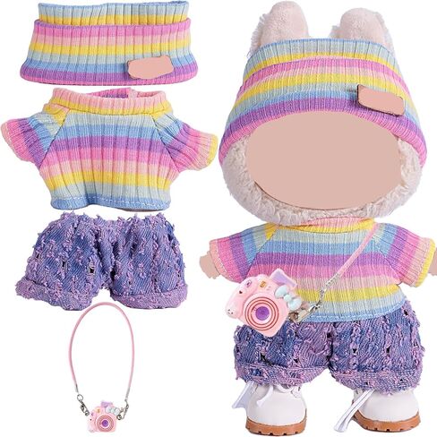 Clothes for 17cm Doll (NO Doll),Adorable Outfit ，Handcrafted Clothes Set with Dress Up ,Ropa Accessories Hat + Sweater + Pants (Rainbow + Purple) in Kuwait