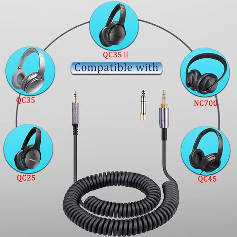 استبدال كابل الصوت ملفوف FAAEAL QC35 لسماعات Bose QC45(QuietComfort 45) NC700، AKG Y55BT Y55، سلك تمديد Aux من 2.5 مم إلى 3.5 مم (1/8 بوصة) مع محول 6.35 مم (1/4 بوصة) (4.2 قدم - 14 قدم) in Saudi Arabia
