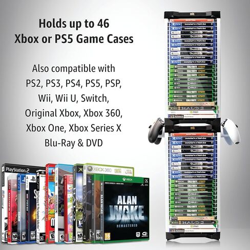 حامل ألعاب عالمي من ADZ - حامل برج تخزين 46 لعبة لأجهزة PS2 PS3 PS4 PS5 PSP Xbox 360 Xbox One Series X Wii Switch Games DVD وأقراص Blu-Ray. يتضمن 2 حوامل للتحكم (أبيض) in Kuwait