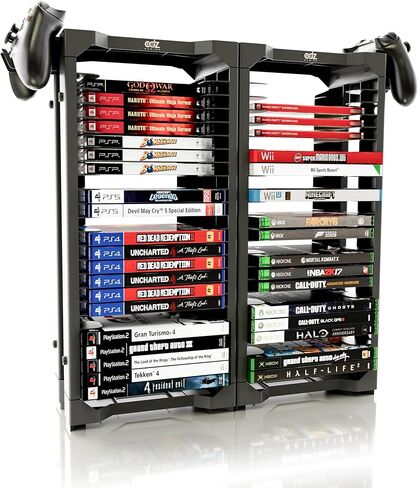 حامل ألعاب عالمي من ADZ - حامل برج تخزين 46 لعبة لأجهزة PS2 PS3 PS4 PS5 PSP Xbox 360 Xbox One Series X Wii Switch Games DVD وأقراص Blu-Ray. يتضمن 2 حوامل للتحكم (أبيض) in Kuwait