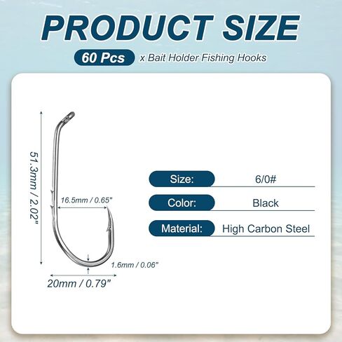 Bait Holder Fishing Hook, High Carbon Steel Long Shank Double Barbed Fishing Hooks Closed Eye, Offset, 6/0# & Black & 60Pcs - Fitting for(Saltwater/Freshwater Rigs) in Saudi Arabia