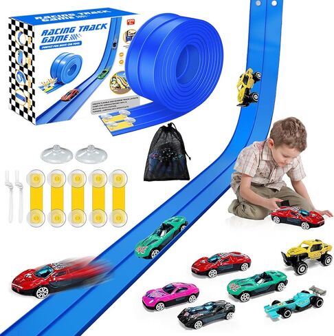 Flex Race Tracks for Kids, 16Ft Flexible Race Car Ramp Track Set for Hot Wheel Race Tracks Cars Portable DIY Race Track Toy for Boys Age 3 4 5 6 7 Years Old Boys Girls Kids - Blue in Saudi Arabia
