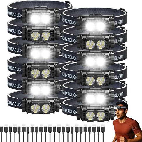 Bud K 12 حزمة مصباح أمامي LED قابل لإعادة الشحن، 1200 لومن IPX5 مصباح أمامي للبالغين مقاوم للماء، شعاع عريض 230 درجة، 6 أوضاع، خفيف الوزن، مثالي للتخييم والمشي لمسافات طويلة والجري وركوب الدراجات in Kuwait