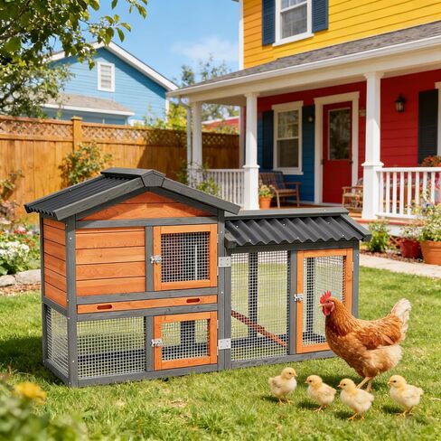 حظيرة الدجاج، تشغيل الدجاج، حظيرة البط الخشبية الصغيرة في الهواء الطلق، بيت الدجاجة بطبقتين، يستخدم في جميع الأحوال الجوية، قفص سمان الدواجن، بيت قفص أرنب للحيوانات الأليفة مع منحدر للحيوانات الصغيرة (أصفر أسود) in Kuwait