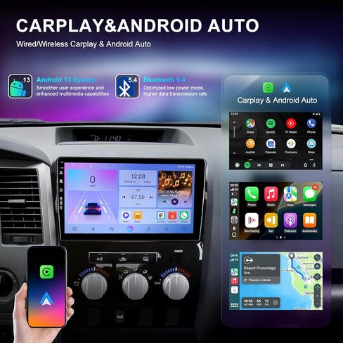ستيريو راديو السيارة لسيارة Toyota Tundra 2007-2013 Sequoia 2008-2018، وحدة رأس تعمل باللمس مقاس 10 بوصات Android 13، CarPlay اللاسلكي وAndroid Auto، ملاحة GPS، كاميرا احتياطية عالية الدقة، WiFi 6، بلوتوث 5.4، FM، SWC in Kuwait