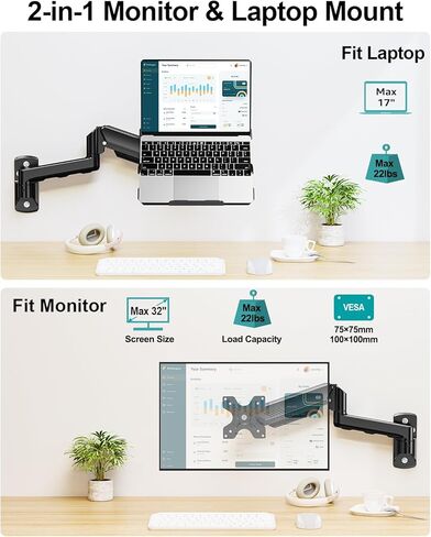 حامل كمبيوتر محمول على الحائط من MOUNT PRO، حامل شاشة 2 في 1 على الحائط مع صينية تهوية لأجهزة الكمبيوتر المحمول مقاس 11-17 بوصة/شاشة كمبيوتر مقاس 13-32 بوصة، حامل كمبيوتر محمول قابل للتعديل بحركة كاملة، ذراع كمبيوتر محمول زنبركي غاز يحمل 4.4-22 رطلاً in Saudi Arabia