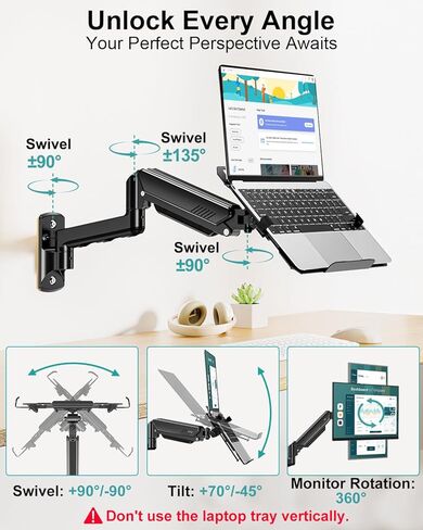 حامل كمبيوتر محمول على الحائط من MOUNT PRO، حامل شاشة 2 في 1 على الحائط مع صينية تهوية لأجهزة الكمبيوتر المحمول مقاس 11-17 بوصة/شاشة كمبيوتر مقاس 13-32 بوصة، حامل كمبيوتر محمول قابل للتعديل بحركة كاملة، ذراع كمبيوتر محمول زنبركي غاز يحمل 4.4-22 رطلاً in Saudi Arabia