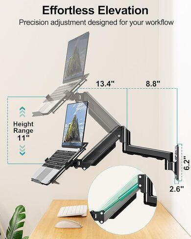 حامل كمبيوتر محمول على الحائط من MOUNT PRO، حامل شاشة 2 في 1 على الحائط مع صينية تهوية لأجهزة الكمبيوتر المحمول مقاس 11-17 بوصة/شاشة كمبيوتر مقاس 13-32 بوصة، حامل كمبيوتر محمول قابل للتعديل بحركة كاملة، ذراع كمبيوتر محمول زنبركي غاز يحمل 4.4-22 رطلاً in Saudi Arabia
