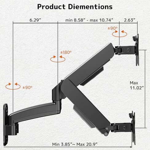 PUTORSEN Dual Monitor Wall Mount for 17-32 inch Flat/Curved Computer Screens, Full Motion Wall Monitor Mount with VESA 75x75/100x100 mm, Each Holds Up to 19.8lbs, Black in Saudi Arabia