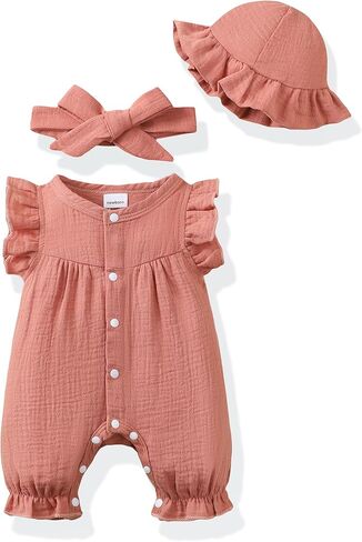 Renotemy Baby Girl Clothes Outfits Infant Summer Romper Cotton Linen Preemie Newborn Essentials Photography with Hat&Headband in Saudi Arabia
