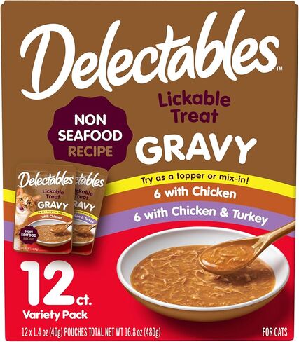 جديد! Delectables Lickable Treat Gravy Senior 10+ Variety Wet Cat Treat & Food Topper، طعام ممتاز، مرطب، خالي من الحبوب، بدون مواد حشو، بدون منتجات ثانوية، بدون مواد حافظة مضافة، كيس 1.4 أونصة، 12 قطعة in Kuwait