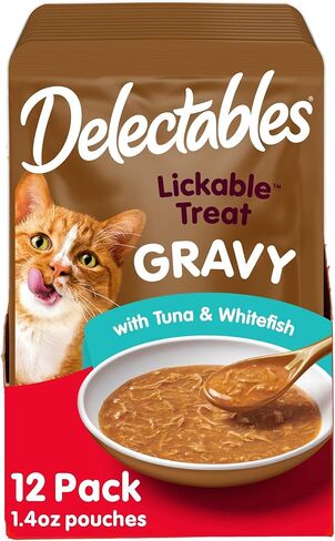جديد! Delectables Lickable Treat Gravy Senior 10+ Variety Wet Cat Treat & Food Topper، طعام ممتاز، مرطب، خالي من الحبوب، بدون مواد حشو، بدون منتجات ثانوية، بدون مواد حافظة مضافة، كيس 1.4 أونصة، 12 قطعة in Kuwait