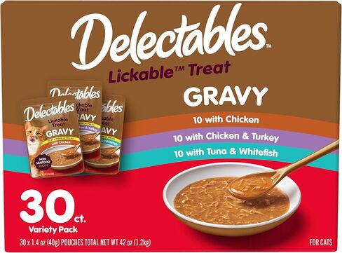 جديد! Delectables Lickable Treat Gravy Senior 10+ Variety Wet Cat Treat & Food Topper، طعام ممتاز، مرطب، خالي من الحبوب، بدون مواد حشو، بدون منتجات ثانوية، بدون مواد حافظة مضافة، كيس 1.4 أونصة، 12 قطعة in Kuwait