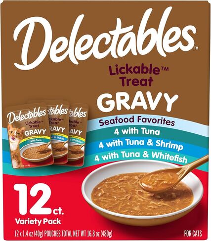 جديد! Delectables Lickable Treat Gravy Senior 10+ Variety Wet Cat Treat & Food Topper، طعام ممتاز، مرطب، خالي من الحبوب، بدون مواد حشو، بدون منتجات ثانوية، بدون مواد حافظة مضافة، كيس 1.4 أونصة، 12 قطعة in Kuwait