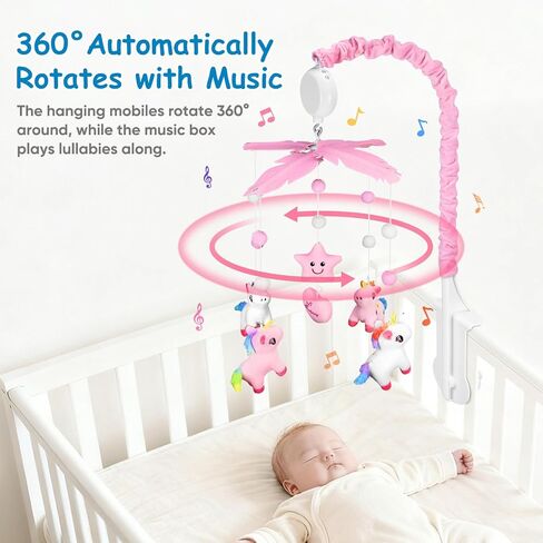 Baby Crib Mobile with Rotating Music Box and 28" Mobile Arm, Unicorm Crib Mobile for Baby Girls with 6 Plush Toys 35 Lullabies, Musical Nursery Mobile, Pink Nursery Decor, Crib Toys for Infant Baby in Saudi Arabia