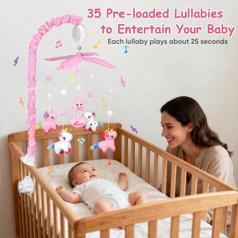 Baby Crib Mobile with Rotating Music Box and 28" Mobile Arm, Unicorm Crib Mobile for Baby Girls with 6 Plush Toys 35 Lullabies, Musical Nursery Mobile, Pink Nursery Decor, Crib Toys for Infant Baby in Saudi Arabia
