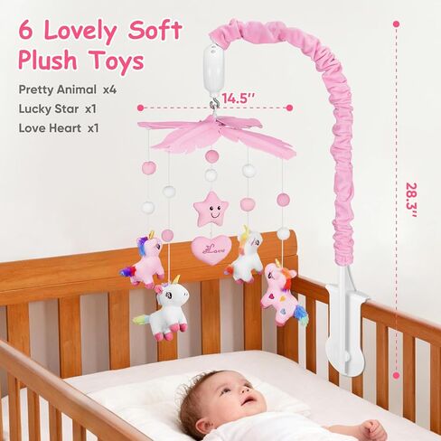 Baby Crib Mobile with Rotating Music Box and 28" Mobile Arm, Unicorm Crib Mobile for Baby Girls with 6 Plush Toys 35 Lullabies, Musical Nursery Mobile, Pink Nursery Decor, Crib Toys for Infant Baby in Saudi Arabia
