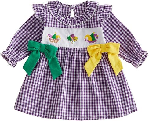 Toddler Little Girl Mardi Gras Dress Gingham Bow Print Long Sleeve Ruffled Doll Collar A-line Festival Party Dresses in Kuwait