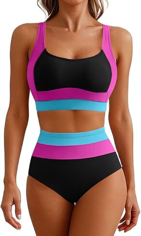 النساء 2 قطعة عالية الخصر بيكيني مجموعات Colorblock رياضي المايوه واسعة الأشرطة المعتدلة ثوب السباحة الصيف ملابس السباحة in Kuwait