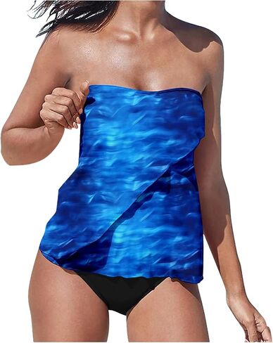 ملابس سباحة تانكيني بدون حمالات للنساء للتحكم في البطن قطعتين لباس سباحة قطعة علوية للسباحة مع جزء سفلي بيكيني in Kuwait