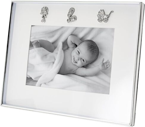 إطار صورة حديث للأطفال من Happy Homewares مطلي بالفضة مع أحذية أطفال وأيقونات خشخيشة مع كريستالات ماسية شفافة | صورة 5x7 in Kuwait