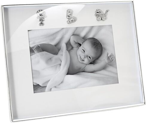 إطار صورة حديث للأطفال من Happy Homewares مطلي بالفضة مع أحذية أطفال وأيقونات خشخيشة مع كريستالات ماسية شفافة | صورة 5x7 in Kuwait