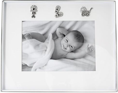 إطار صورة حديث للأطفال من Happy Homewares مطلي بالفضة مع أحذية أطفال وأيقونات خشخيشة مع كريستالات ماسية شفافة | صورة 5x7 in Kuwait