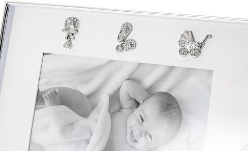 إطار صورة حديث للأطفال من Happy Homewares مطلي بالفضة مع أحذية أطفال وأيقونات خشخيشة مع كريستالات ماسية شفافة | صورة 5x7 in Kuwait