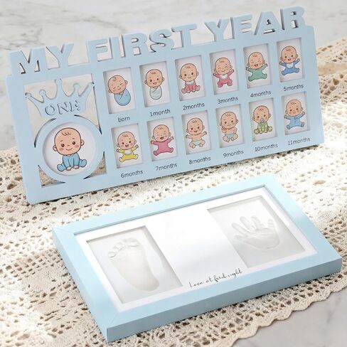 إطار عرض صور طفلي من My First Year طقم يد وبصمة قدم الطفل لمدة 12 شهرًا، سجل نمو، معجون انطباع، إطار تذكار، هدية وديكور لحفلة عيد الميلاد الأول للأم الجديدة (أبيض) in Kuwait