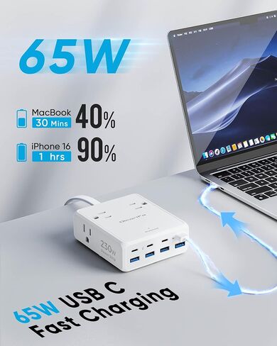 شريط طاقة USB بقدرة 230 وات، سلك تمديد مسطح رفيع للغاية بطول 5 أقدام، 4 منافذ تيار متردد و8 منافذ USB (4 USB-C و4 USB A)، واقي من زيادة التيار 2000J، أساسيات السفر في المنزل والمكتب in Saudi Arabia