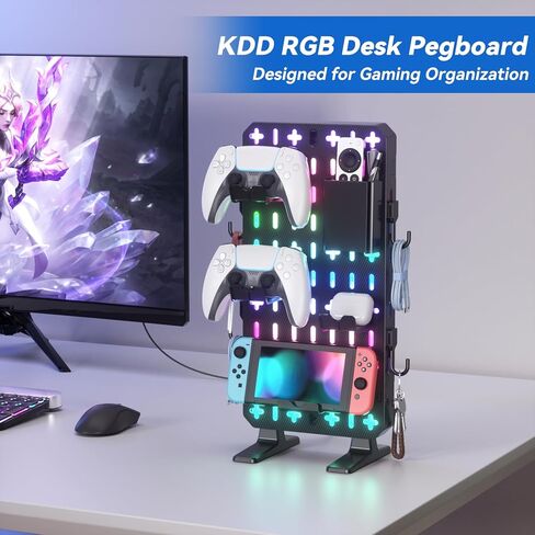 منظم Pegboard للمكتب من KDD RGB - ديكور مكتب ألعاب مدمج قائم بذاته مع وحدة تحكم وحامل سماعة الرأس، صندوق تخزين، خطافات، حامل هاتف - منظم سطح المكتب بدون حفر لملحقات ألعاب إعداد الكمبيوتر in Kuwait