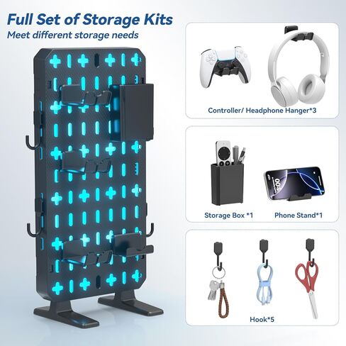 منظم Pegboard للمكتب من KDD RGB - ديكور مكتب ألعاب مدمج قائم بذاته مع وحدة تحكم وحامل سماعة الرأس، صندوق تخزين، خطافات، حامل هاتف - منظم سطح المكتب بدون حفر لملحقات ألعاب إعداد الكمبيوتر in Kuwait
